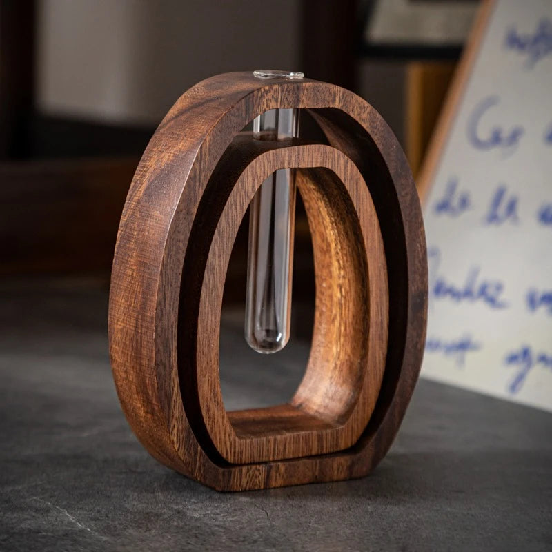 Conjunto de 2 Peças: Vaso Hidropônico de Vidro com Base de Madeira Nogueira