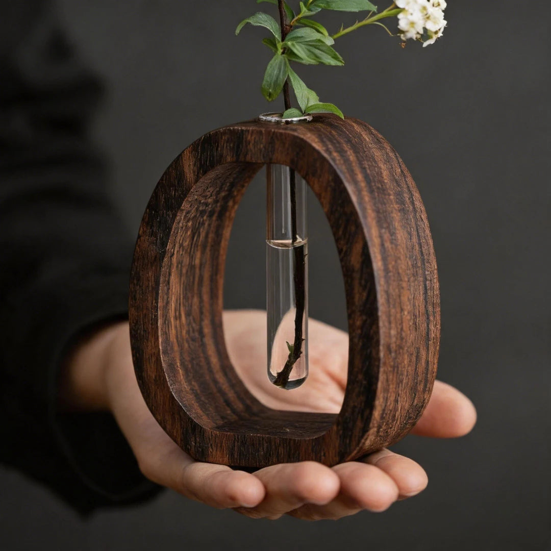 Conjunto de 2 Peças: Vaso Hidropônico de Vidro com Base de Madeira Nogueira