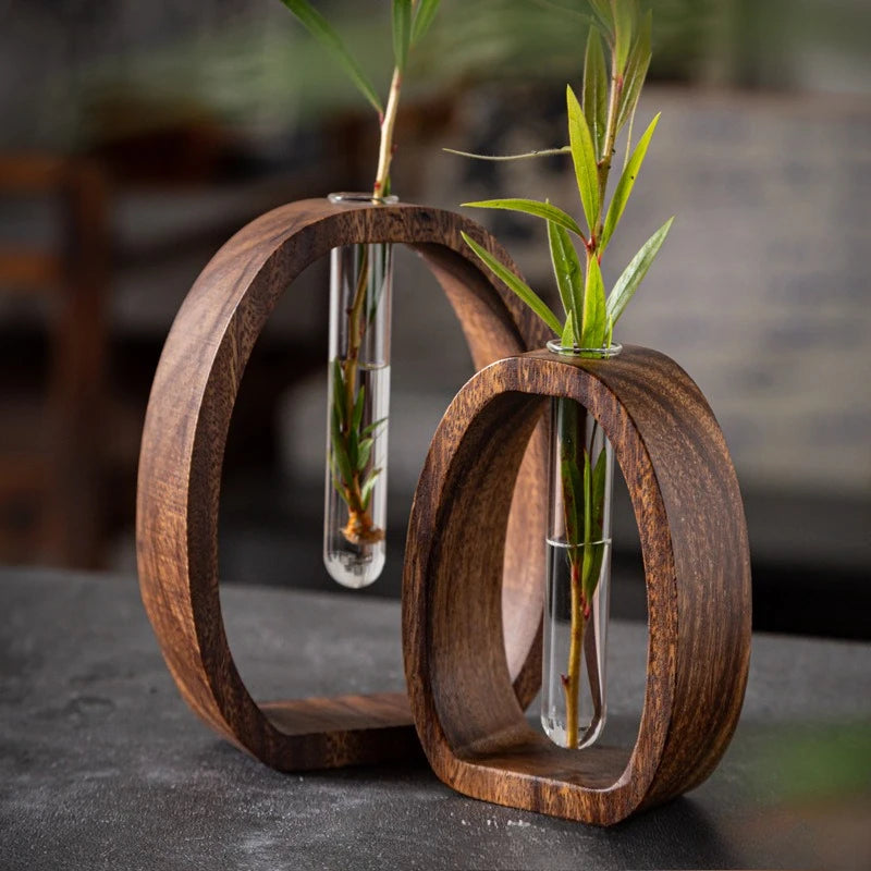 Conjunto de 2 Peças: Vaso Hidropônico de Vidro com Base de Madeira Nogueira