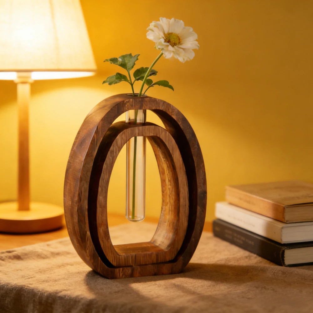 Conjunto de 2 Peças: Vaso Hidropônico de Vidro com Base de Madeira Nogueira