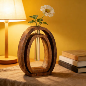 Conjunto de 2 Peças: Vaso Hidropônico de Vidro com Base de Madeira Nogueira